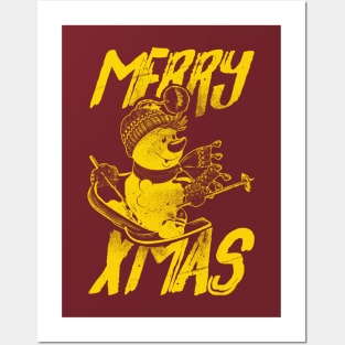 Skiing Snowman - Merry Xmas - Gold Posters and Art